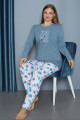 mavi renk yuvarlak yaka teknur p3055 uzun kol pamuklu büyük beden kadın pijama takımı, teknur-p3055, teknur pijama takımı, Teknur