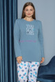mavi renk yuvarlak yaka teknur p3055 uzun kol pamuklu büyük beden kadın pijama takımı, teknur-p3055, teknur pijama takımı, Teknur