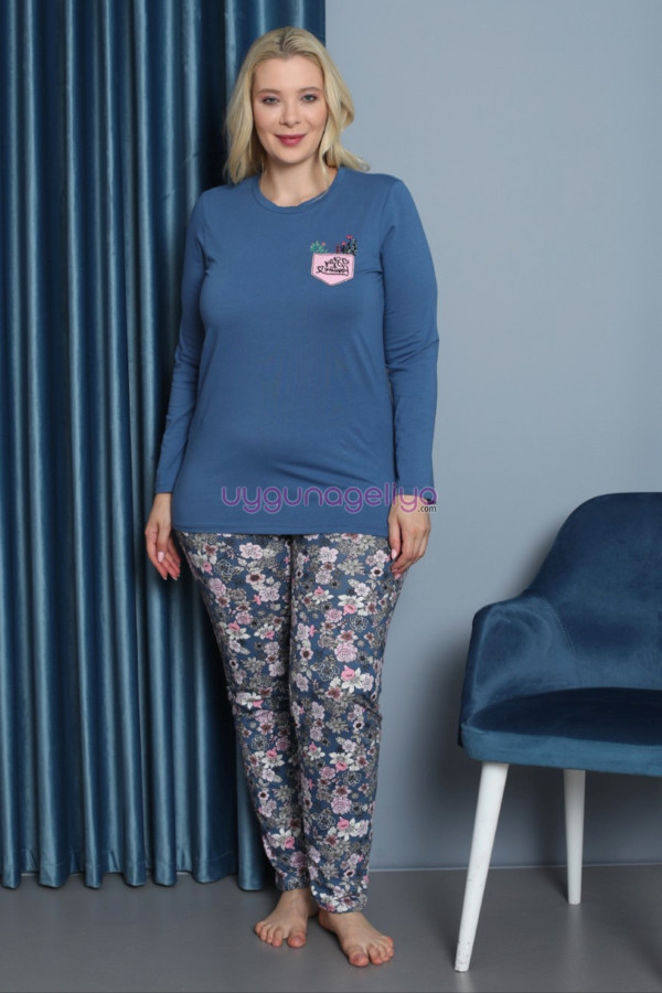 koyu mavi renk yuvarlak yaka teknur p3057 uzun kol pamuklu büyük beden kadın pijama takımı, teknur-p3057, teknur pijama takımı, Teknur