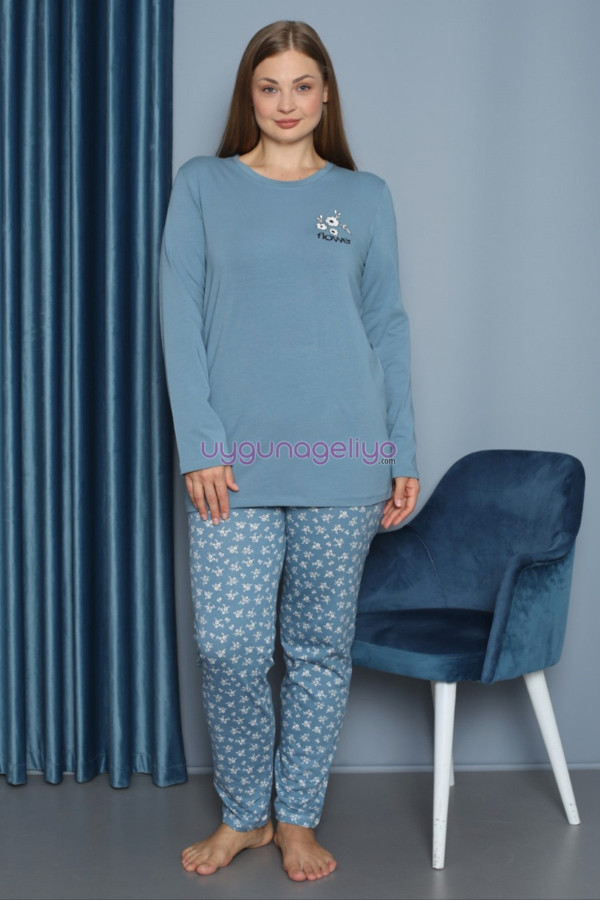 mavi renk yuvarlak yaka teknur p3059 uzun kol pamuklu büyük beden kadın pijama takımı, teknur-p3059, teknur pijama takımı, Teknur