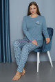 mavi renk yuvarlak yaka teknur p3059 uzun kol pamuklu büyük beden kadın pijama takımı, teknur-p3059, teknur pijama takımı