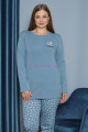 mavi renk yuvarlak yaka teknur p3059 uzun kol pamuklu büyük beden kadın pijama takımı, teknur-p3059, teknur pijama takımı