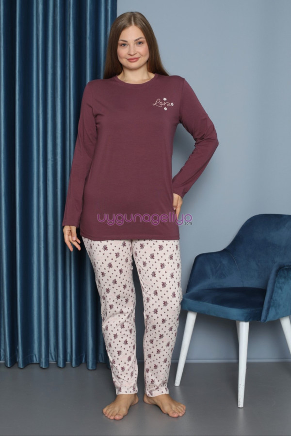 mürdüm renk yuvarlak yaka teknur p3064 uzun kol pamuklu büyük beden kadın pijama takımı, teknur-p3064, teknur pijama takımı, Teknur