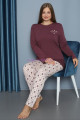 mürdüm renk yuvarlak yaka teknur p3064 uzun kol pamuklu büyük beden kadın pijama takımı, teknur-p3064, teknur pijama takımı, Teknur