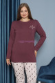mürdüm renk yuvarlak yaka teknur p3064 uzun kol pamuklu büyük beden kadın pijama takımı, teknur-p3064, teknur pijama takımı, Teknur