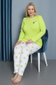 fıstık yeşili renk yuvarlak yaka teknur p3068 uzun kol pamuklu büyük beden kadın pijama takımı, teknur-p3068, teknur pijama takımı