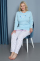 açık mavi renk yuvarlak yaka teknur p3070 uzun kol pamuklu büyük beden kadın pijama takımı, teknur-p3070, teknur pijama takımı, Teknur