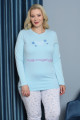 açık mavi renk yuvarlak yaka teknur p3070 uzun kol pamuklu büyük beden kadın pijama takımı, teknur-p3070, teknur pijama takımı, Teknur