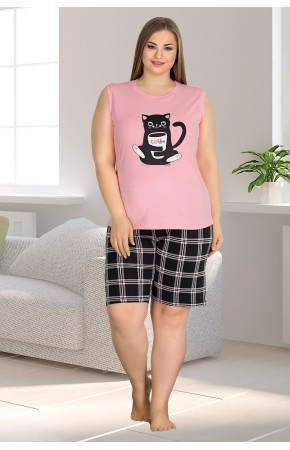 Lady 10339 Pembe Renk Büyük Beden Battal Boy Şortlu Pijama Takımı 2021 Sezonu - 2XL - 3XL - 4XL Beden Seçenekli