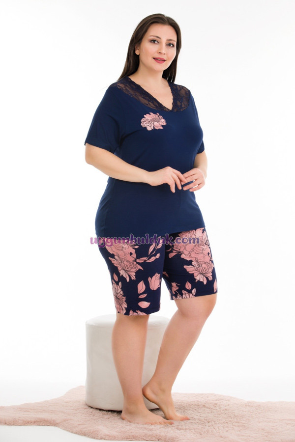 lacivert renk ve çiçek desenli lady 10382 büyük beden battal boy şortlu pijama takım, qs-lady10382-2xl, lady pijama takımı, Lady