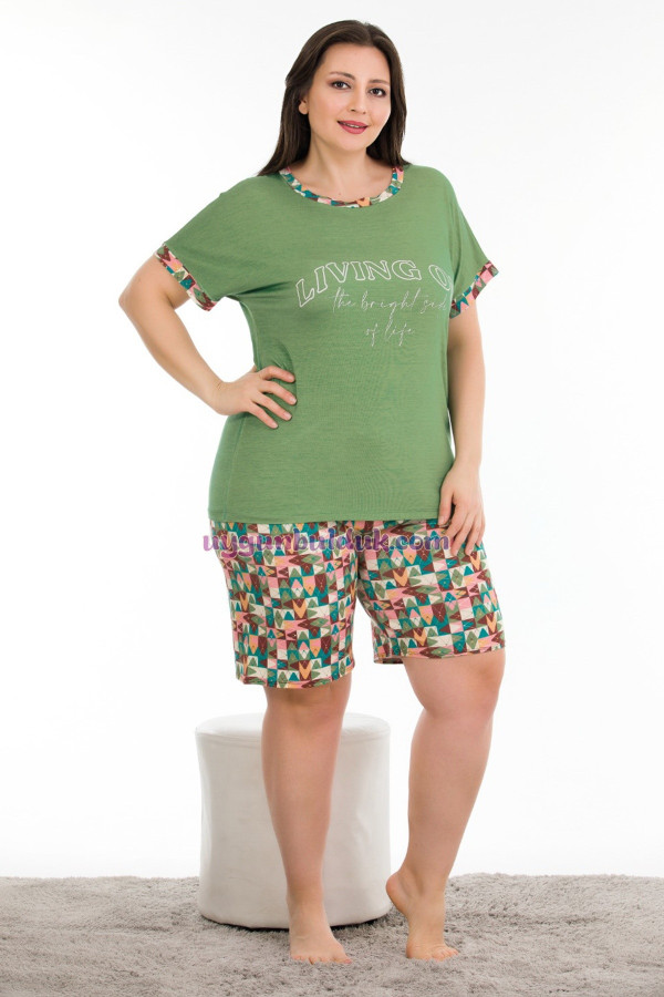 yeşil renk ve desenli lady 10390 büyük beden battal boy şortlu pijama takım, lady-10390, lady pijama takımı