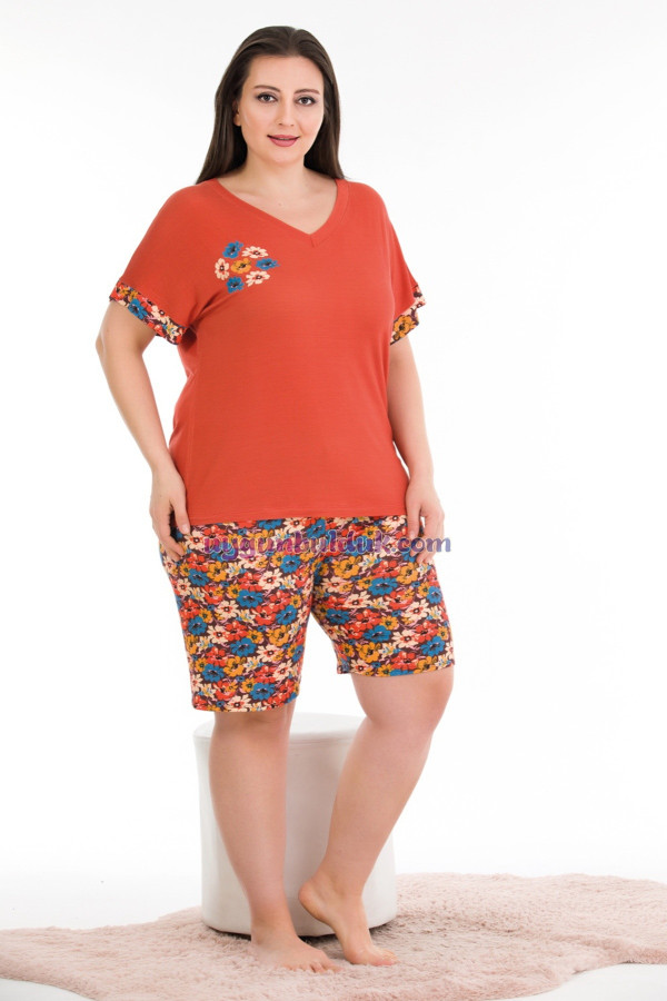 turuncu renk ve çiçek desenli lady 10392 büyük beden battal boy şortlu pijama takım, lady-10392, lady pijama takımı