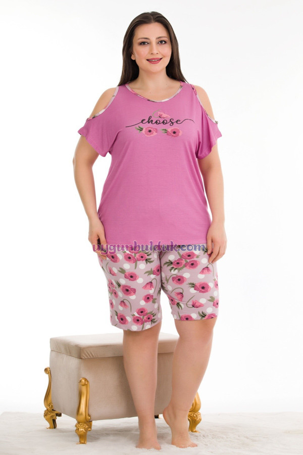 pembe renk ve çiçek desenli lady 10393 büyük beden battal boy şortlu pijama takım, lady-10393, lady pijama takımı, Lady