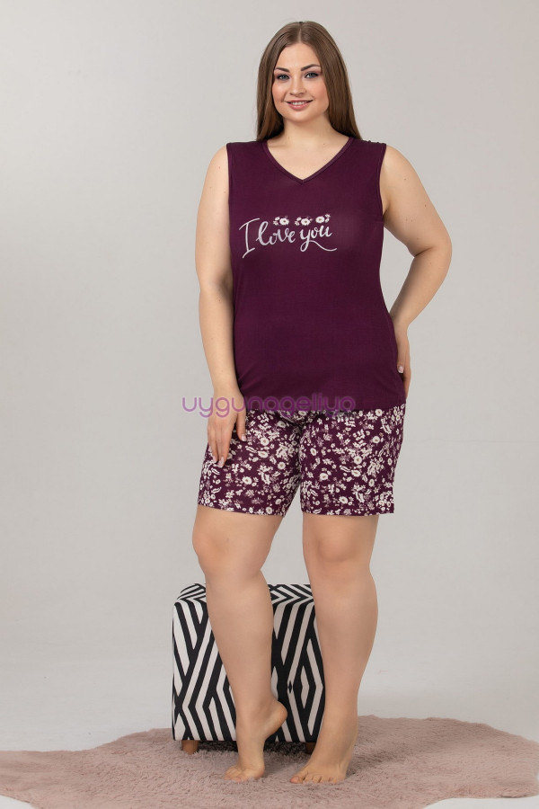 mürdüm renk ve çiçek desenli lady 10366 büyük beden şortlu pijama takımı, lady-10366, büyük beden şortlu pijama takımı, Quilling Seti