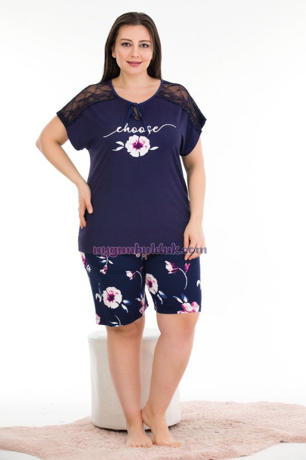 lacivert renk ve desenli lady 10389 büyük beden battal boy şortlu pijama takım, lady-10389, lady pijama takımı, Lady