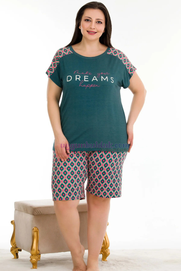 yeşil renk ve çiçek desenli lady 10388 büyük beden battal boy şortlu pijama takım, eli̇t-lady-10388-2xl, lady pijama takımı, Lady