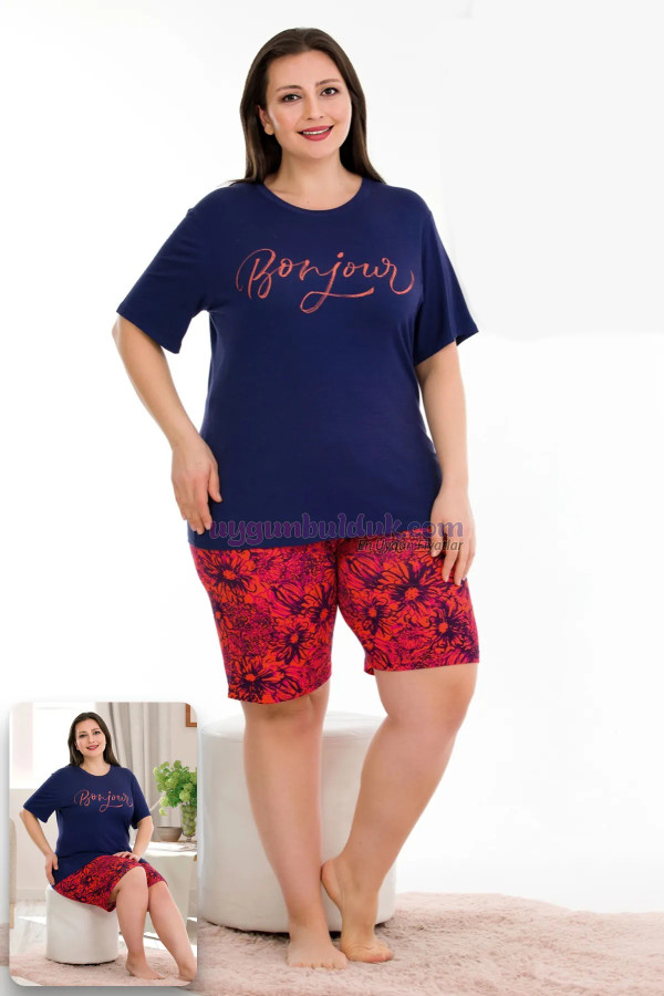 lacivert renk ve çiçek desenli lady 10395 büyük beden battal boy şortlu pijama takım, eli̇t-lady-10395-2xl, lady pijama takımı, ELİT-LADY-10395-2XL