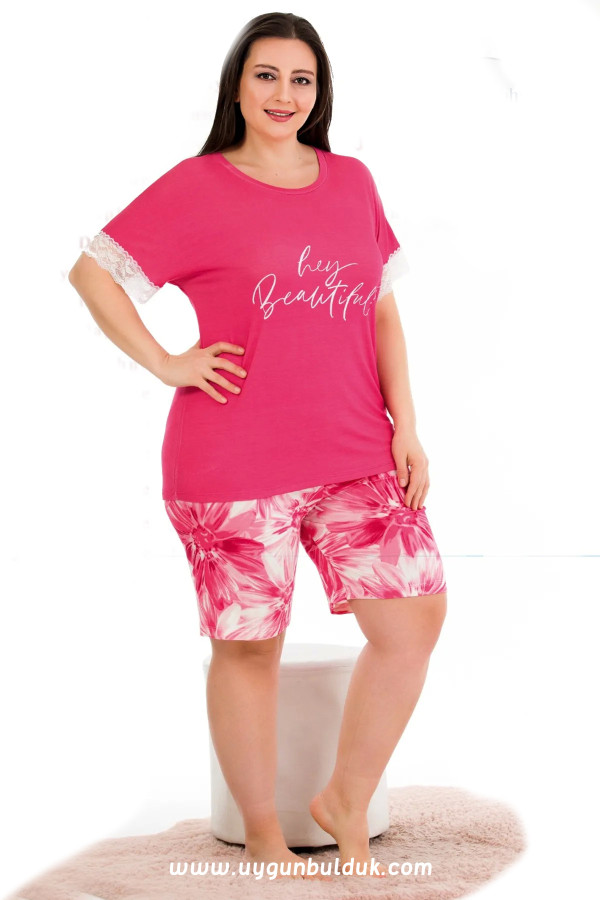 pembe renk ve çiçek desenli lady 10396 büyük beden battal boy şortlu pijama takım, lady-10396-2xl, lady pijama takımı, LADY-10396-2XL