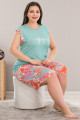 turkuaz renk ve çiçek desenli lady 10397 büyük beden battal boy şortlu pijama takım, eli̇t-lady-10397-2xl, lady pijama takımı, Lady
