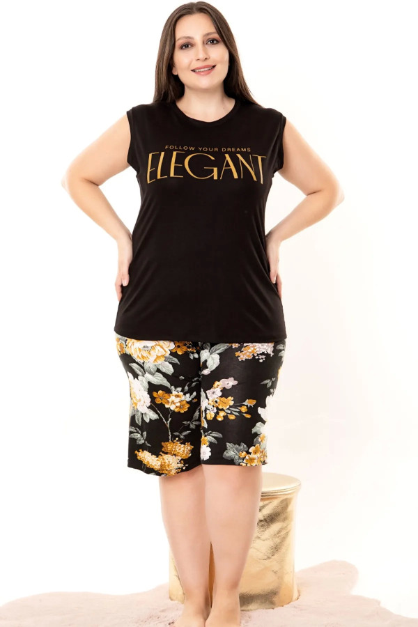siyah renk ve çiçek desenli lady 10397 büyük beden battal boy şortlu pijama takım, ub-lady10399-2xl, lady pijama takımı, Lady