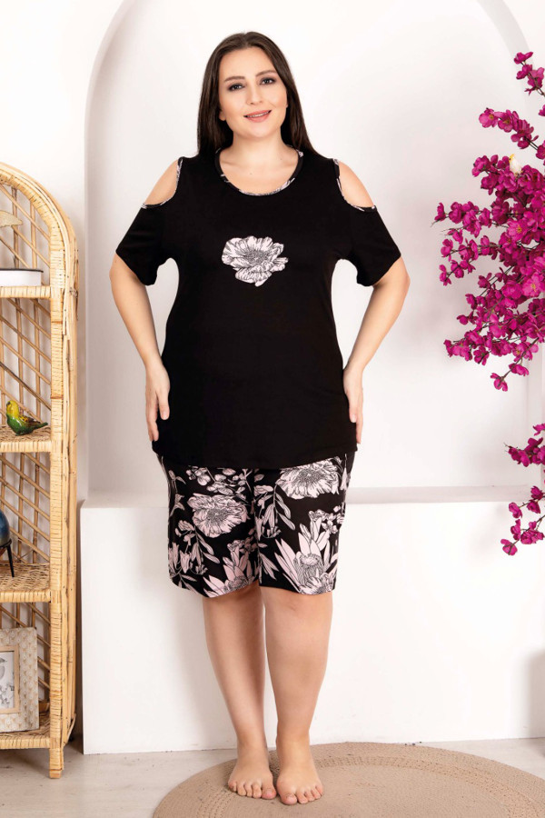 siyah renk ve çiçek desenli lady 10401 büyük beden battal boy şortlu pijama takım, ub-lady10401-2xl, lady pijama takımı, Lady