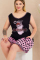 rahat ve şık kadınların tercihi lady 10431 puantiyeli ve pembe - siyah renkli büyük beden şortlu anne pijama takımı, 8509990023560, lady pijama takımı, Lady