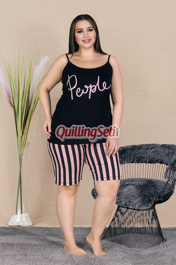 rahat ve şık kadın lady 10381 çizgili desen, siyah renkli renk büyük beden şortlu anne pijama takımı, 8509990018665, lady pijama takımı, Lady