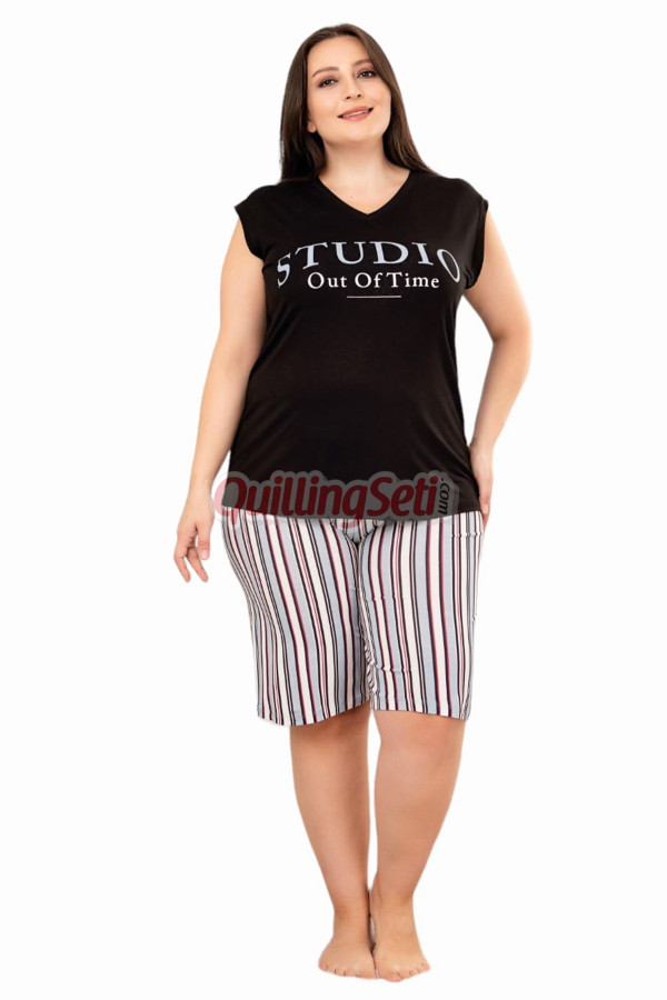 rahat ve şık kadınların tercihi lady 10402 çizgili ve siyah renkli büyük beden şortlu anne pijama takımı, qs-lady-10402-2xl, lady pijama takımı, Lady