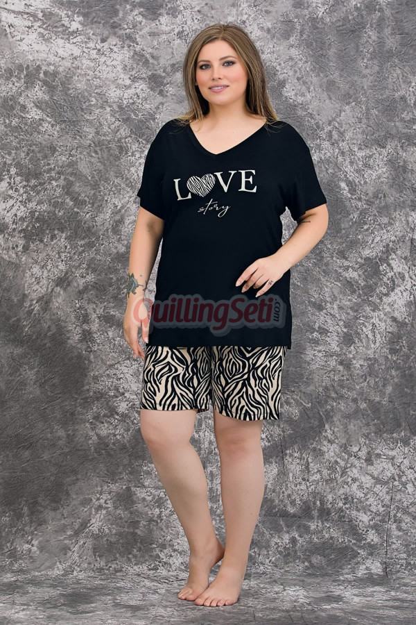 rahat ve şık kadınların tercihi lady 10422 zebra desenli ve siyah renkli büyük beden şortlu anne pijama takımı, 8509990017446, lady pijama takımı, Lady