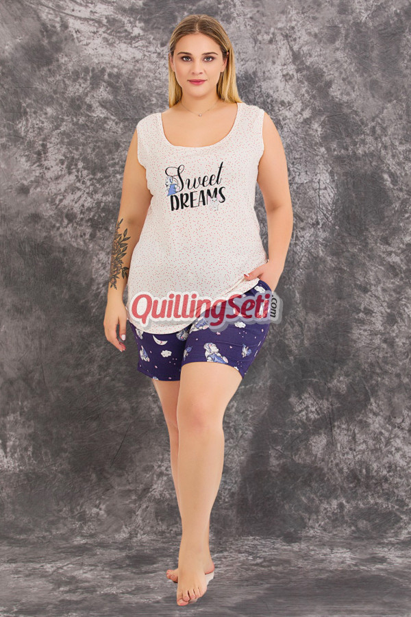rahat ve şık kadın lady 10423 desenli lacivert beyaz renk büyük beden şortlu anne pijama takımı, 8509990022501, lady pijama takımı, Lady