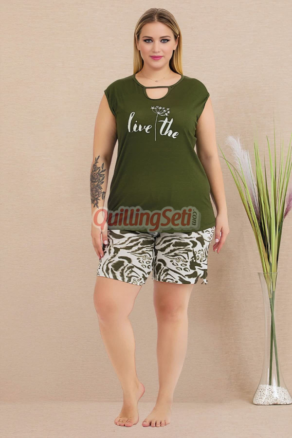 rahat ve şık kadınların tercihi lady 10424 desenli  ve haki renkli şortlu büyük beden anne pijama takımı, 8509990023867, lady pijama takımı, Lady