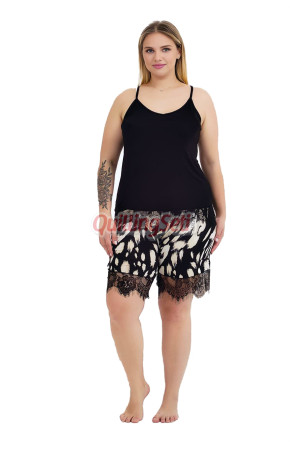 Rahat ve Şık Kadınların Tercihi Lady 10425 Desenli ve Siyah Renkli Şortlu Büyük Beden Anne Pijama Takımı