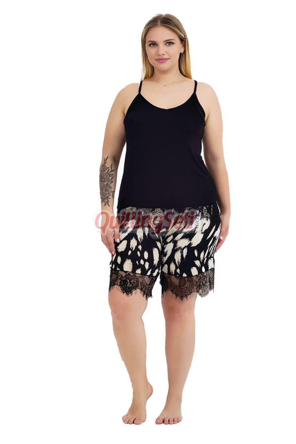 rahat ve şık kadınların tercihi lady 10425 desenli ve siyah renkli şortlu büyük beden anne pijama takımı, 8509990029616, lady pijama takımı, Lady