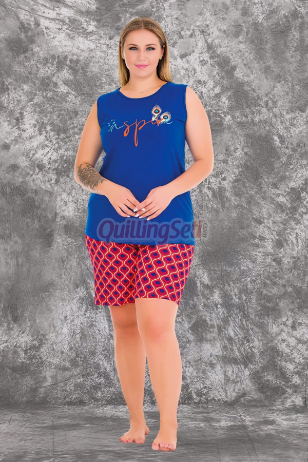 rahat ve şık kadınların tercihi lady 10426 desenli ve kırmızı mavi renkli büyük beden şortlu anne pijama takımı, 8509990017507, lady pijama takımı, Lady