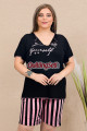 rahat ve şık kadınların tercihi lady 10427 çizgili ve siyah renkli büyük beden şortlu anne pijama takımı, 8509990021795, lady pijama takımı, Lady
