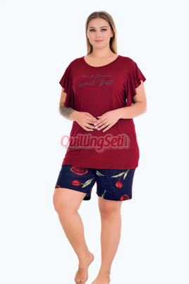 Rahat ve Şık Kadınların Tercihi Lady 10428 Desenli ve Bordo - Lacivert Renkli Şortlu Büyük Beden Anne Pijama Takımı