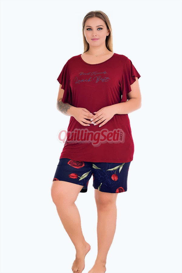 rahat ve şık kadınların tercihi lady 10428 desenli ve bordo - lacivert renkli şortlu büyük beden anne pijama takımı, 8509990028053, lady pijama takımı, Lady