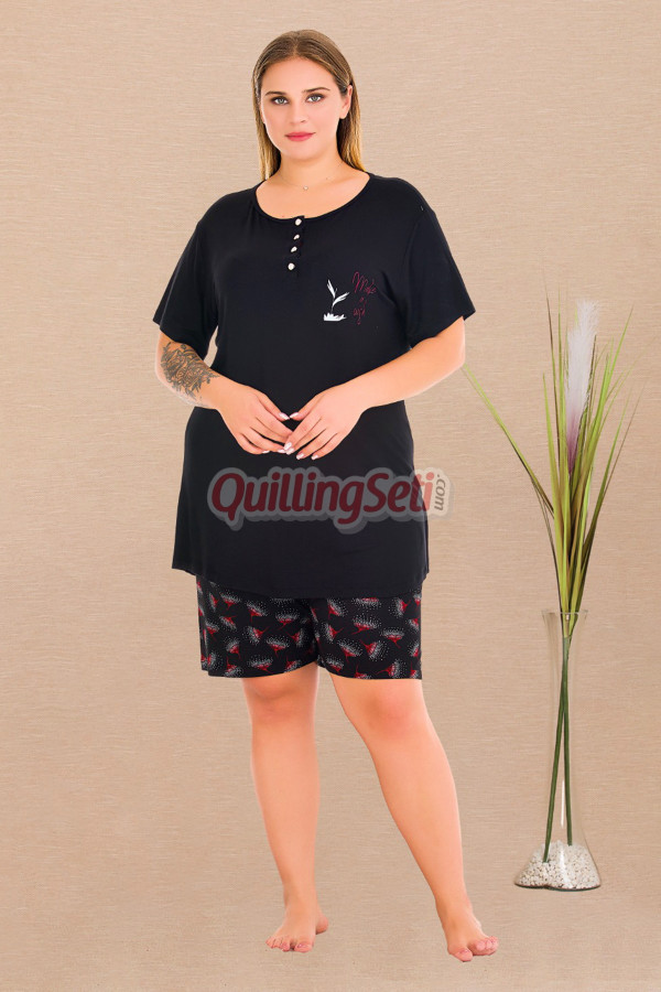 rahat ve şık kadınların tercihi lady 10440 çiçekli ve siyah renkli şortlu büyük beden anne pijama takımı, 8509990029371, lady pijama takımı, Lady
