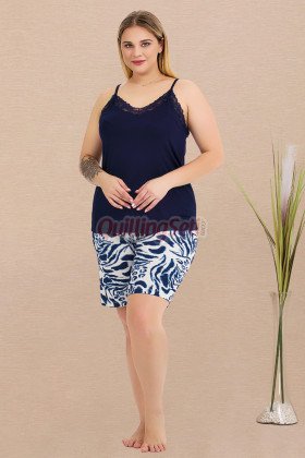Rahat ve Şık Kadınların Tercihi Lady 10442 Lacivert Renkli ve Desenli İp Askılı ve Şortlu Büyük Beden Anne Pijama Takımı