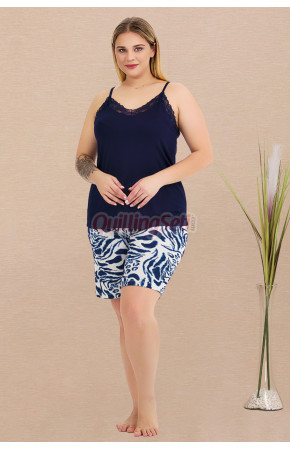 Rahat ve Şık Kadınların Tercihi Lady 10442 Lacivert Renkli ve Desenli İp Askılı ve Şortlu Büyük Beden Anne Pijama Takımı