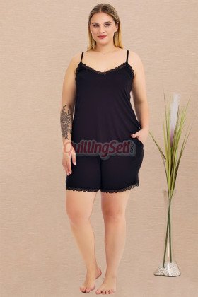 Rahat ve Şık Kadınların Tercihi Lady 10445 Siyah Renkli İp Askılı ve Şortlu Büyük Beden Anne Pijama Takımı