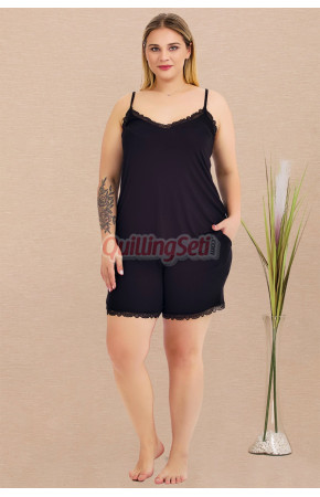 Rahat ve Şık Kadınların Tercihi Lady 10445 Siyah Renkli İp Askılı ve Şortlu Büyük Beden Anne Pijama Takımı