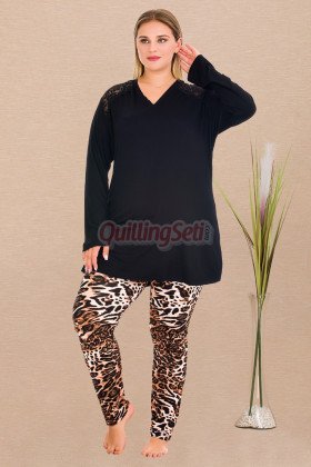 Siyah Renk ve Çiçek Desenli Lady 11418 Kadın Uzun Kol Büyük Beden Anne Pijama Takımı