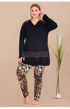 Siyah Renk ve Çiçek Desenli Lady 11418 Kadın Uzun Kol Büyük Beden Anne Pijama Takımı