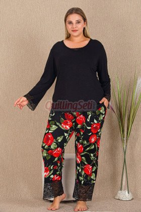 Siyah Renk ve Çiçek Desenli Lady 11422 Kadın Uzun Kol Büyük Beden Anne Pijama Takımı