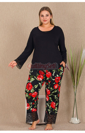 Siyah Renk ve Çiçek Desenli Lady 11422 Kadın Uzun Kol Büyük Beden Anne Pijama Takımı