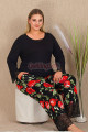 siyah renk ve çiçek desenli lady 11422 kadın uzun kol büyük beden anne pijama takımı, 8509990036508, lady pijama takımı, Lady