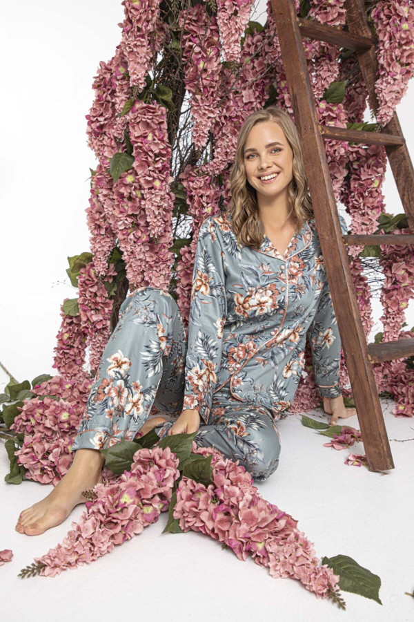 önden düğmeli bayan pijama takımı aydoğan 14052 örme kumaş gri pijama takımı, aydoğan 14052, bayan pijama takımı, Aydoğan