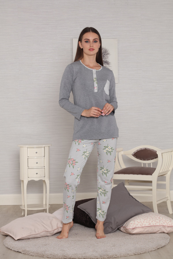 bayan pijama takımı tuba 297 - gri ve pembe renk pamuklu kışlık örme kumaş, tuba 297, bayan pijama takımı, Tuba