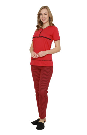 Kadın Kırmızı Renkli  Kadın Kısa Kol Pijama Takımı - Erdeniz 0223 Pijama Takımı